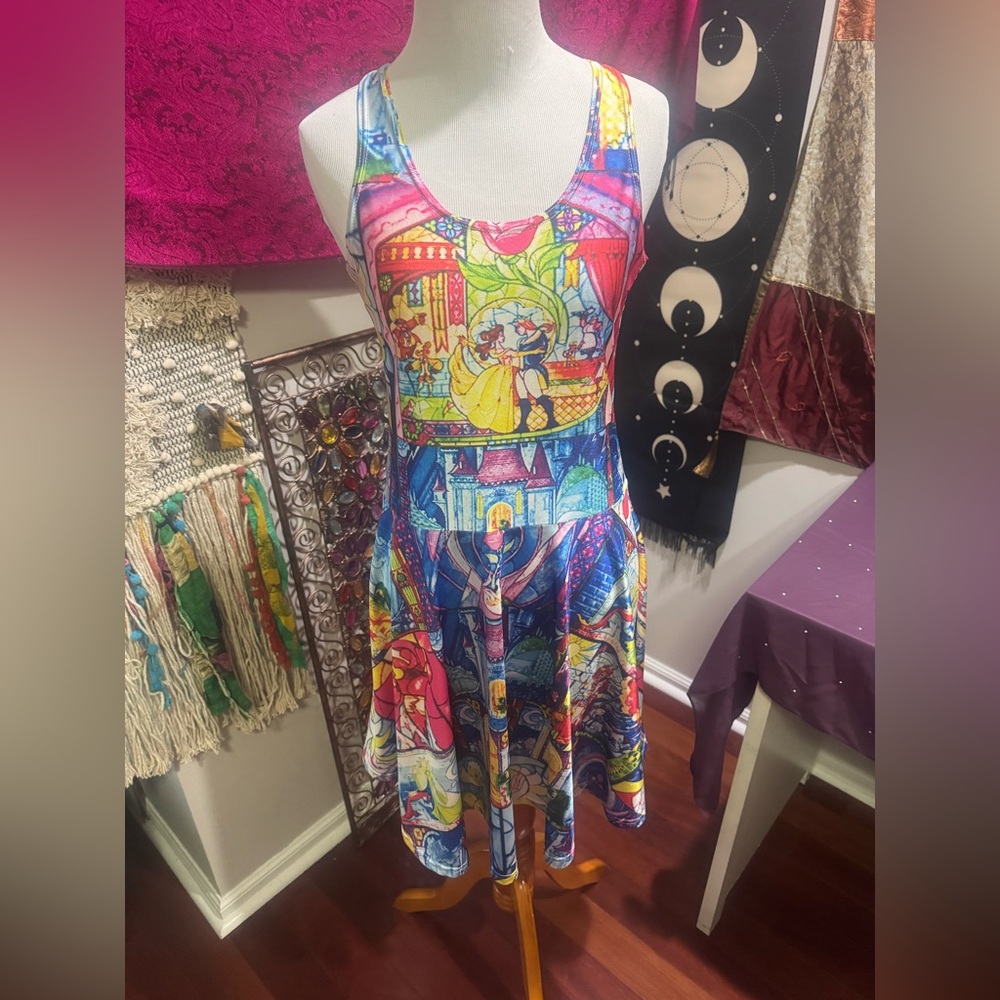 Beauty And The Beast Inspired Colorful Graphic Sleeveless Dress Large